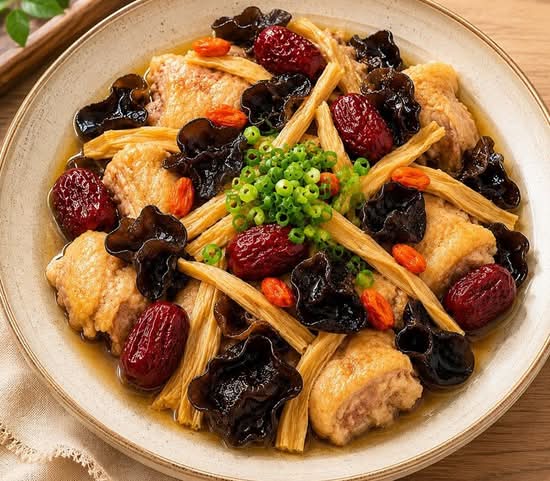 金針雲耳紅棗杞子蒸雞飯 Steamed Chicken with Lily Buds, Black Fungus, Red Dates & Goji Berries on Rice